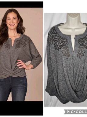 New Democracy Charcoal Gray 3/4 Sleeve Mandarin Collar Twist Hem Knit Top XL